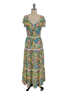 30372 Smith & Quinn Floral Maxi Dress Green Yellow size Small bohemian summer